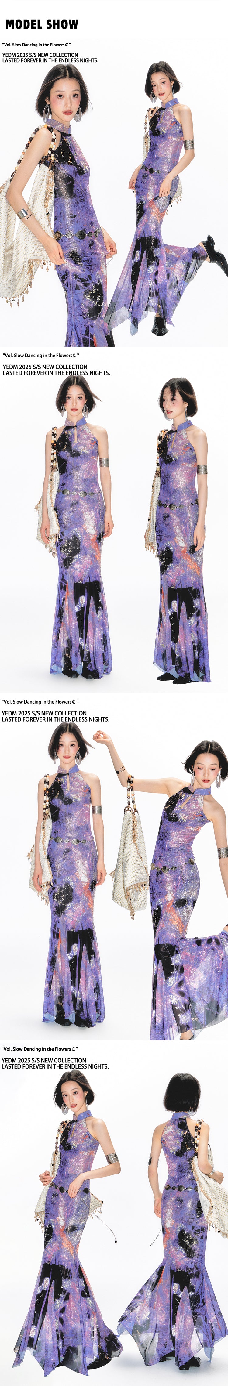 Yang Erdameng Original Chinese Style Purple Printed Sleeveless Halter Collar Cheongsam Dress for Women New Style Stand Collar Long Dress
