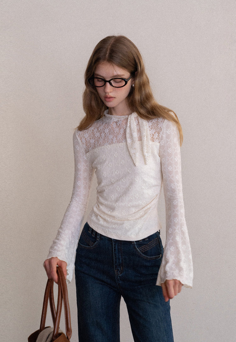 EGGKA floral lace bow tie neck T-shirt
