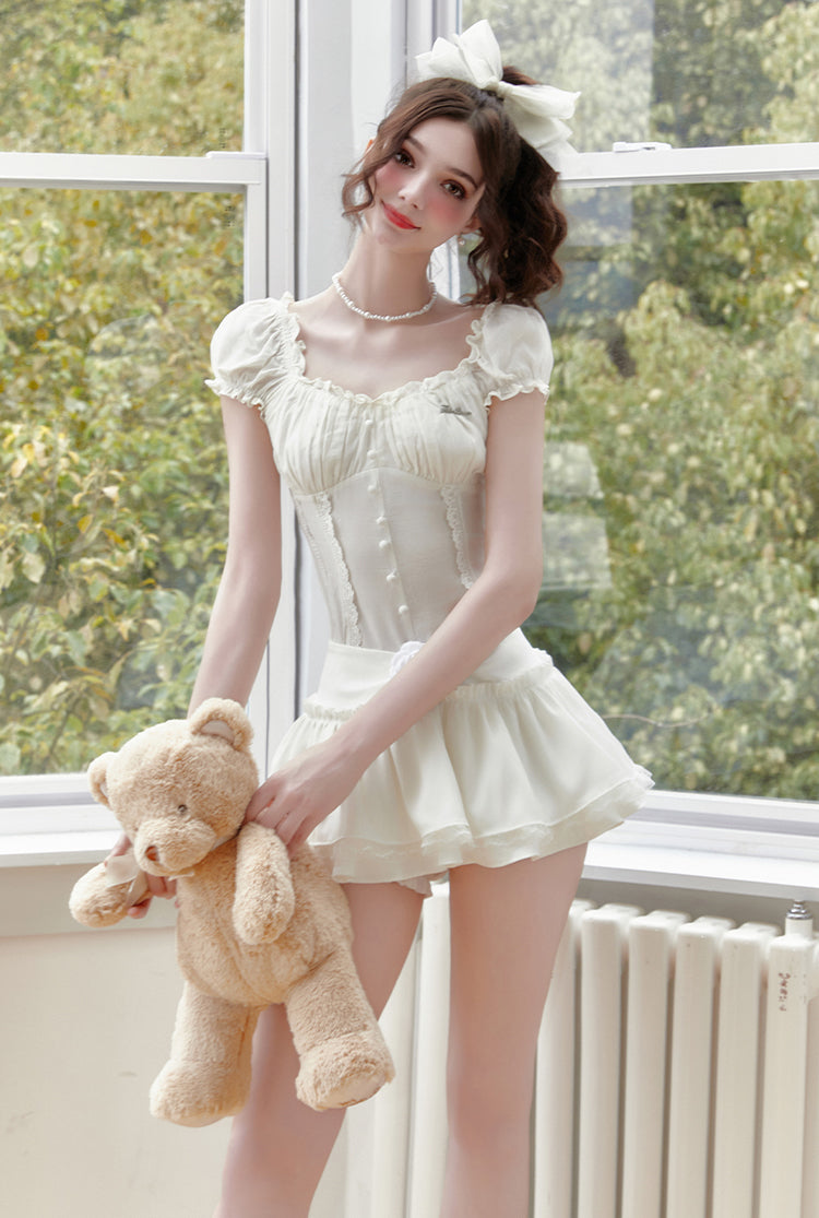 "Wind Chimes Waiting for You After Class" - A-line dress and skirt set with puff sleeves and lace, perfect for summer student style.