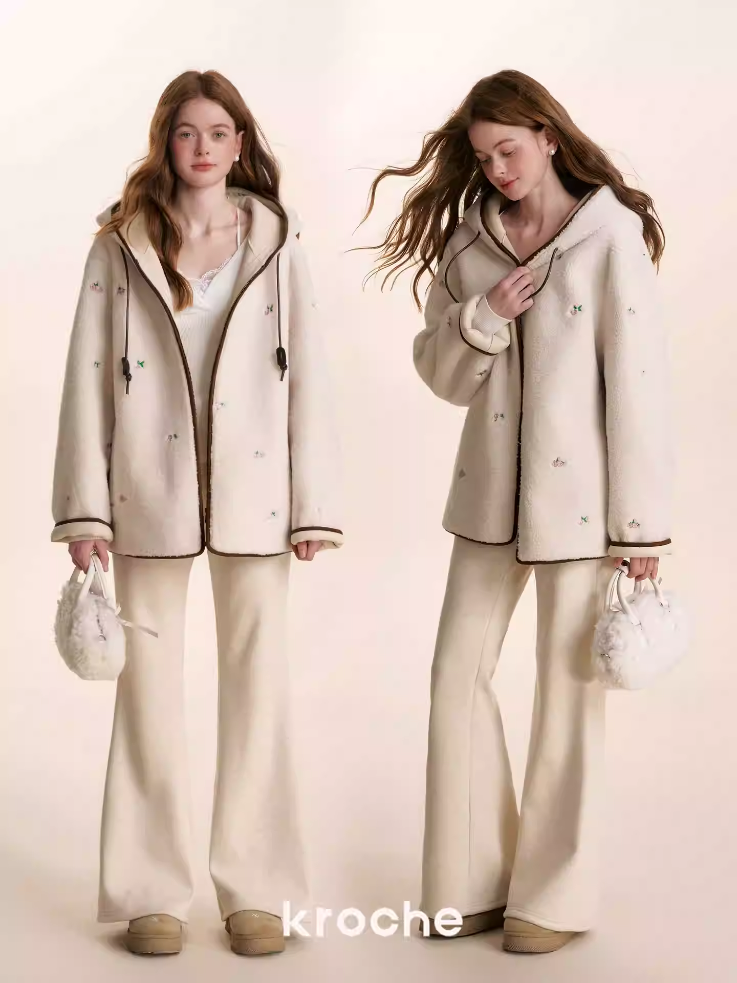 KROCHE Comfortable, wide-leg fleece pants, cashmere blend, ribbed, loose style.