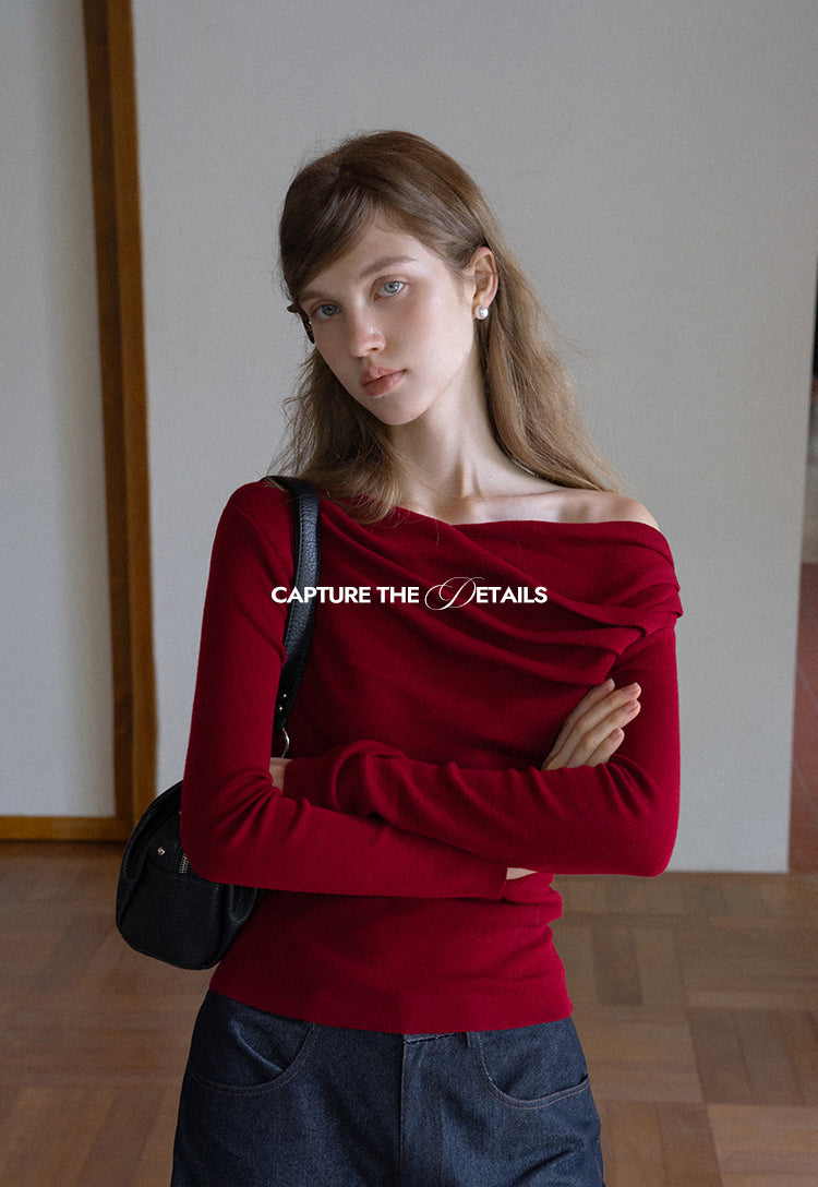 EGGKA Women's Autumn Winter Off-the-shoulder French Cross Neck Long Sleeve One Shoulder Sweater