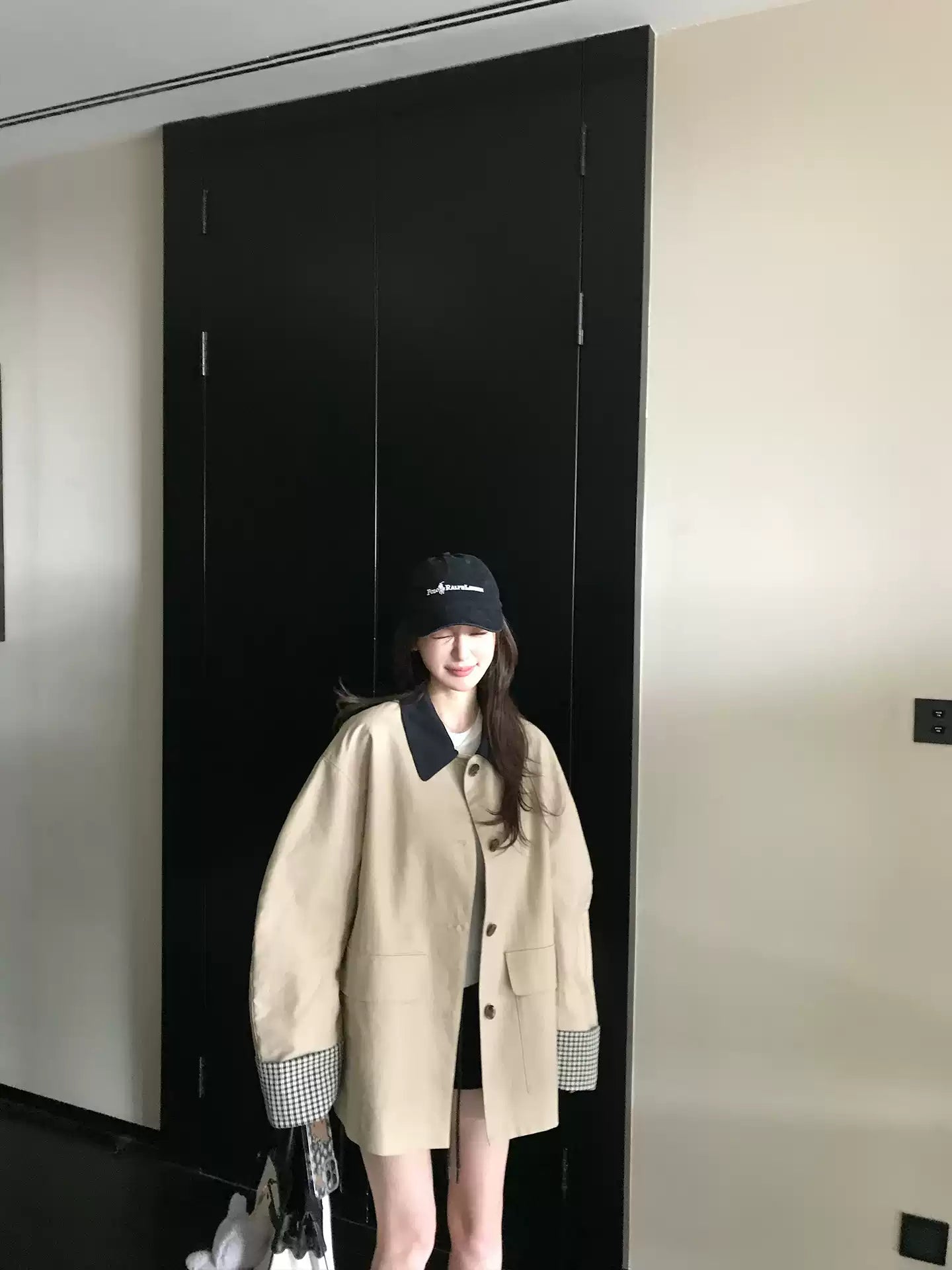 SKK High quality khaki jacket with multi-color plaid pattern, short and loose fit, autumn style for women.