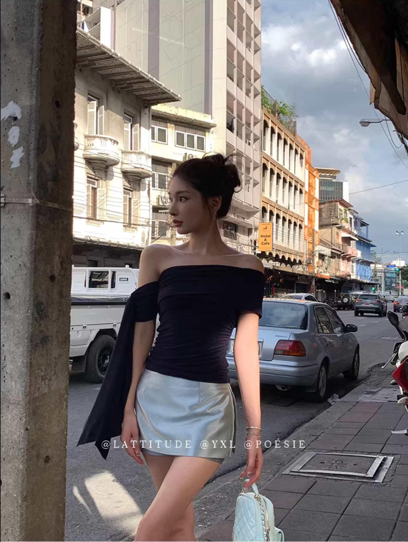 LATTITUDE Layered off-the-shoulder short-sleeve knit t-shirt in acetate with ribbon detail
