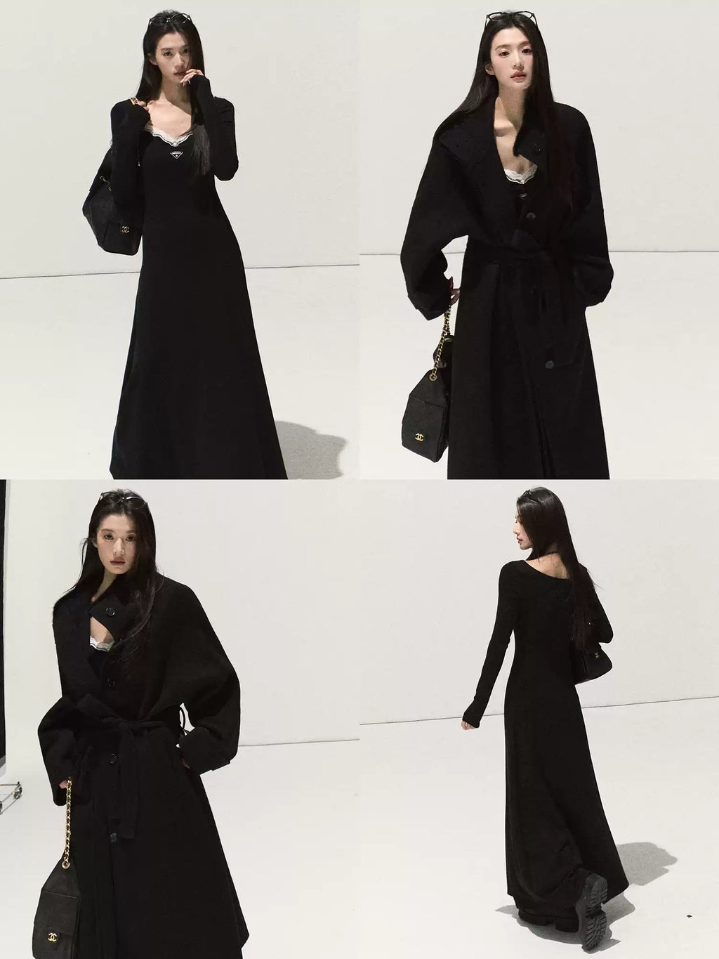 OAKMOO Black Two-piece Long Sleeve Faux Lace Halter Neck Waist Tie Dress, Autumn/Winter Long Dress with Waist Tie