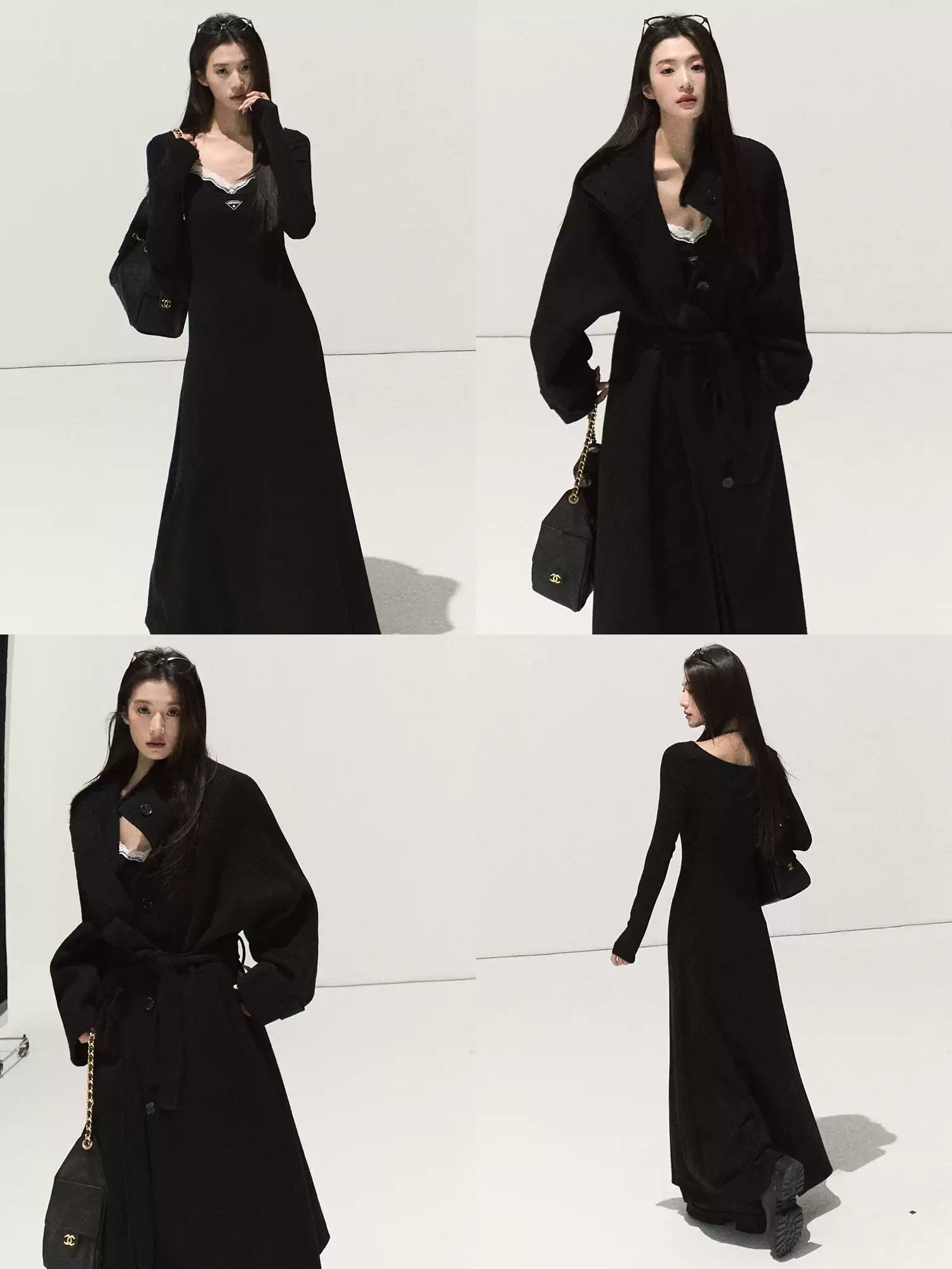 OAKMOO Black Two-piece Long Sleeve Faux Lace Halter Neck Waist Tie Dress, Autumn/Winter Long Dress with Waist Tie