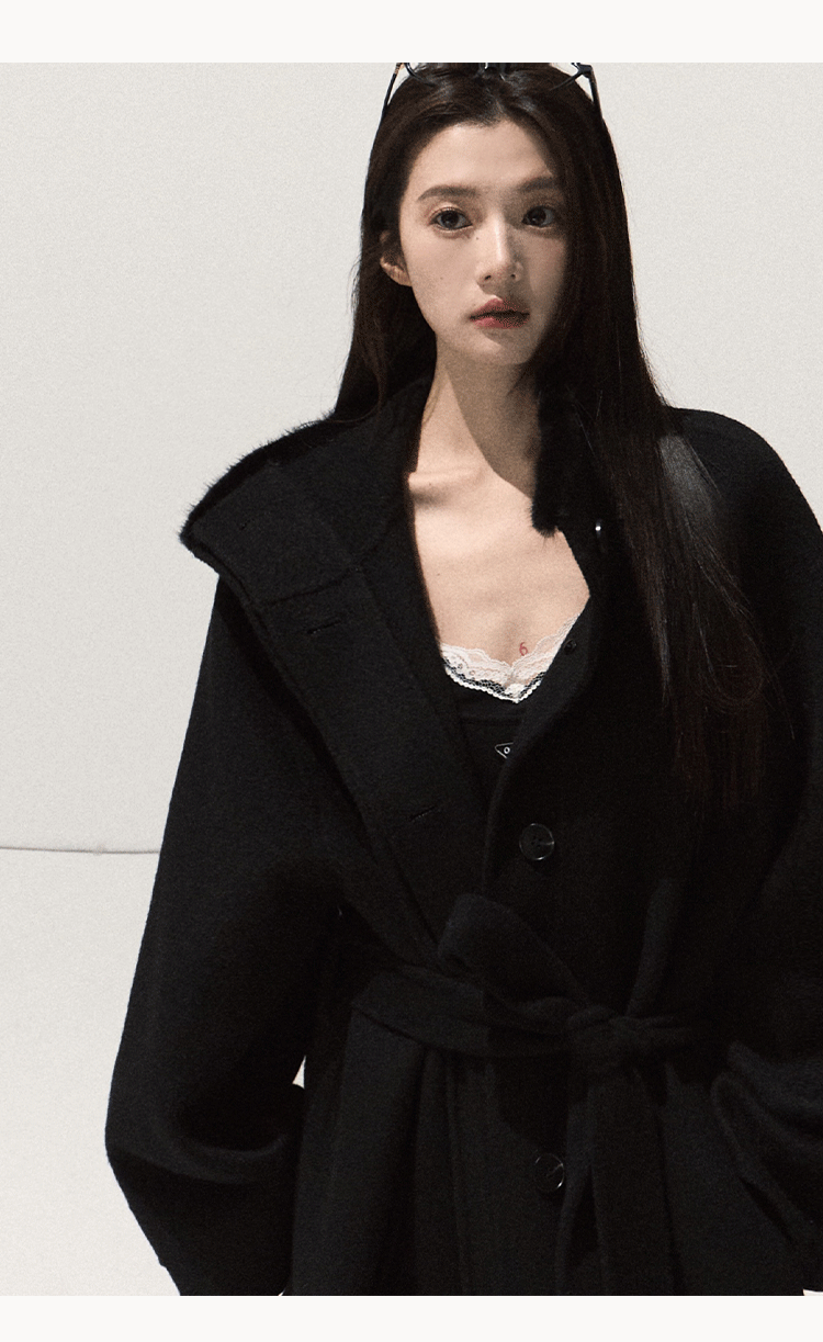 OAKMOO Black Two-piece Long Sleeve Faux Lace Halter Neck Waist Tie Dress, Autumn/Winter Long Dress with Waist Tie