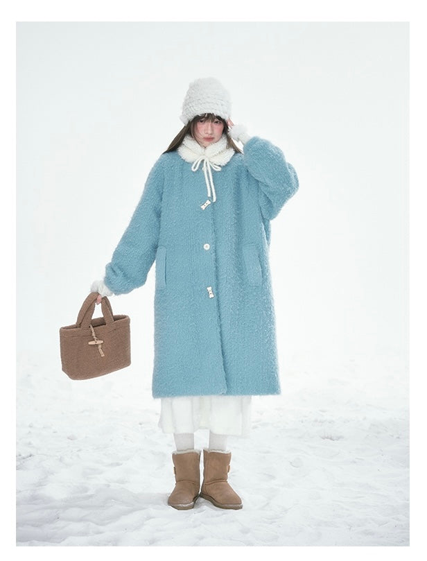 CANSTOREGIRLS Canned Goods Store women's coat 2025 winter new style color block medium length fur collar blue quilted wool