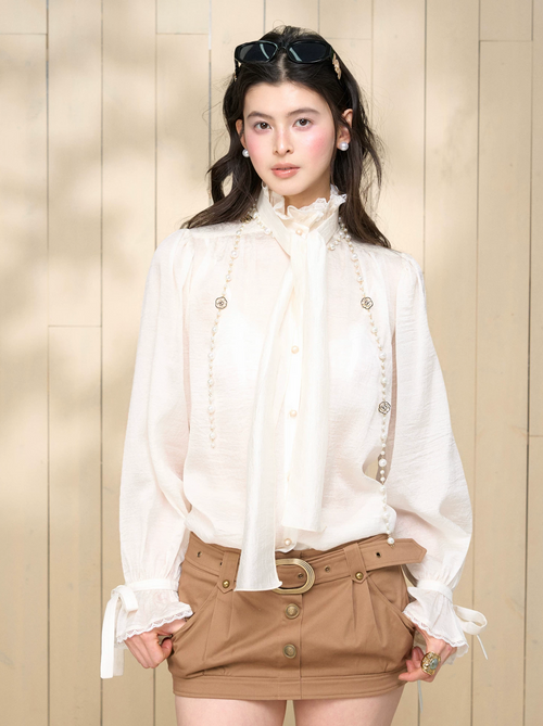 4MUGGLE Detachable chiffon long sleeve bell top with "Tassel Rhythm" pattern