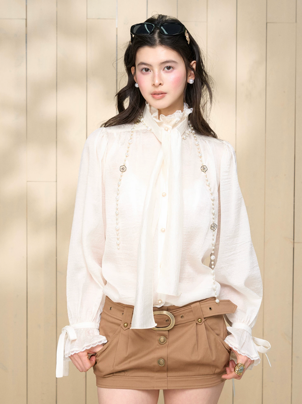 4MUGGLE Detachable chiffon long sleeve bell top with "Tassel Rhythm" pattern