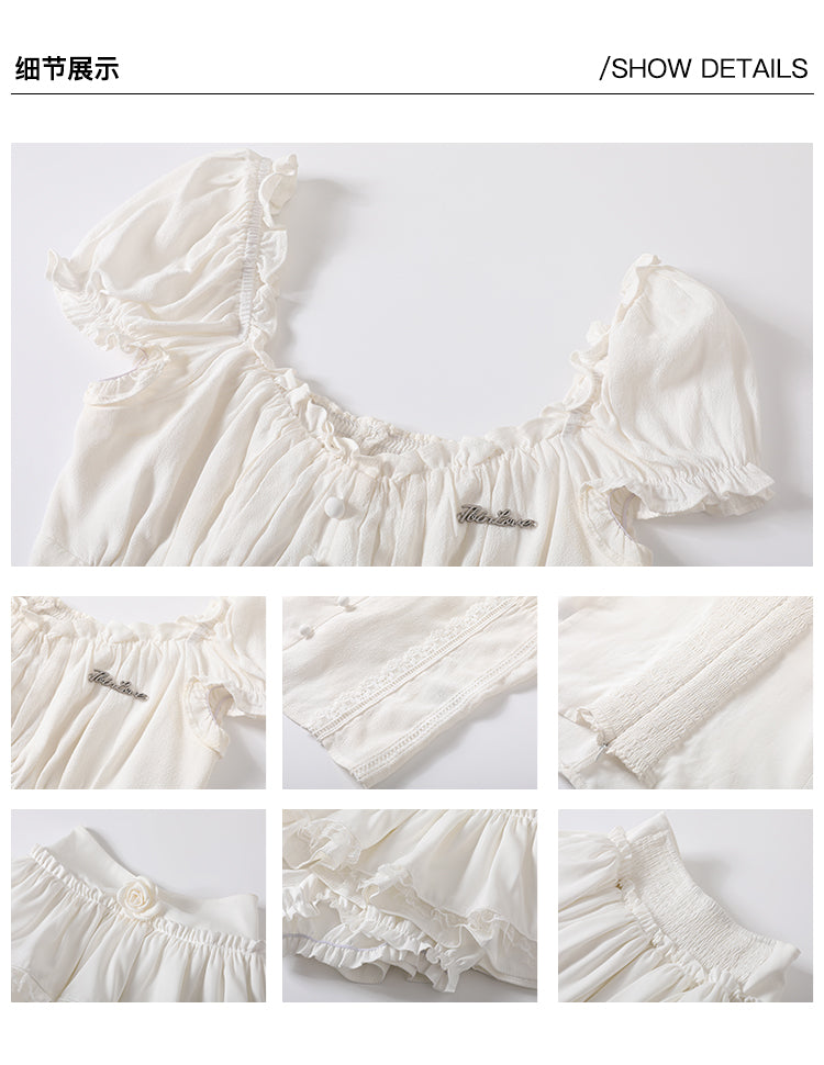 "Wind Chimes Waiting for You After Class" - A-line dress and skirt set with puff sleeves and lace, perfect for summer student style.