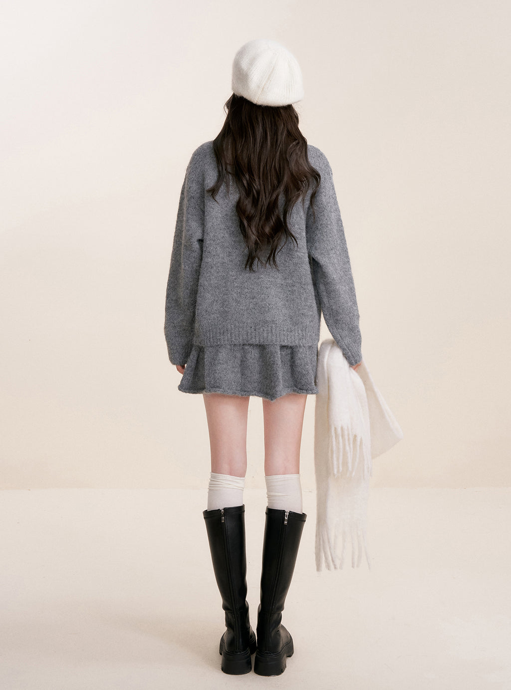 KROCHE Winter Warm A-line Cardigan Sweater Set Gray Double Zipper for Puppy 25aw