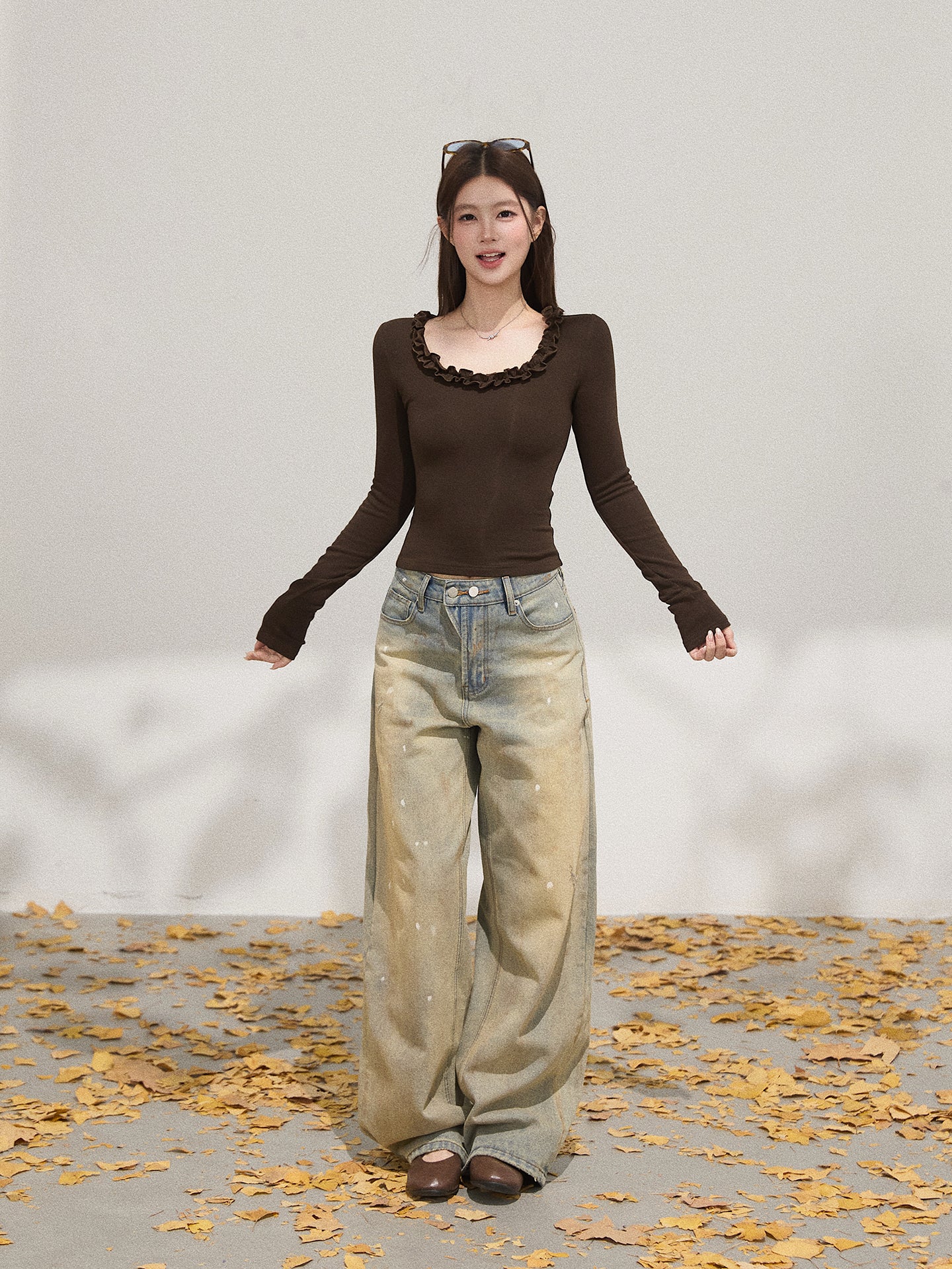 THEROUS Women's T-shirt, slim fit, U-neck, ruffled hem, simple design, comfortable, suitable for autumn (sale)