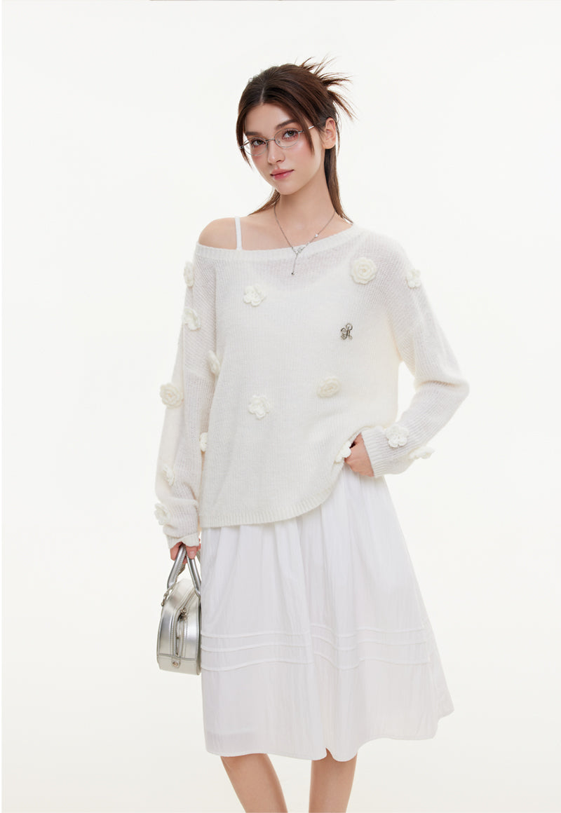 IKYOU women's spring and autumn new flower mohair sweater long sleeve loose fit off-shoulder sweater