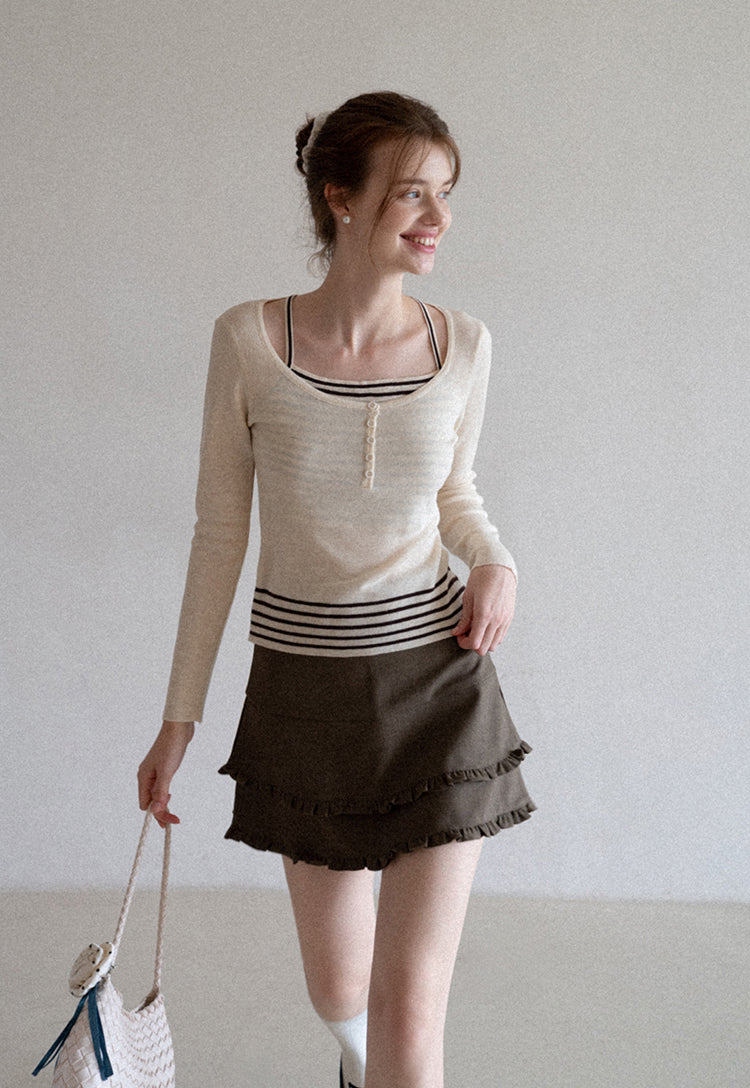French style two-layer ruffled A-line dress for early autumn, high waist, body-hugging, anti-revealing EGGKA