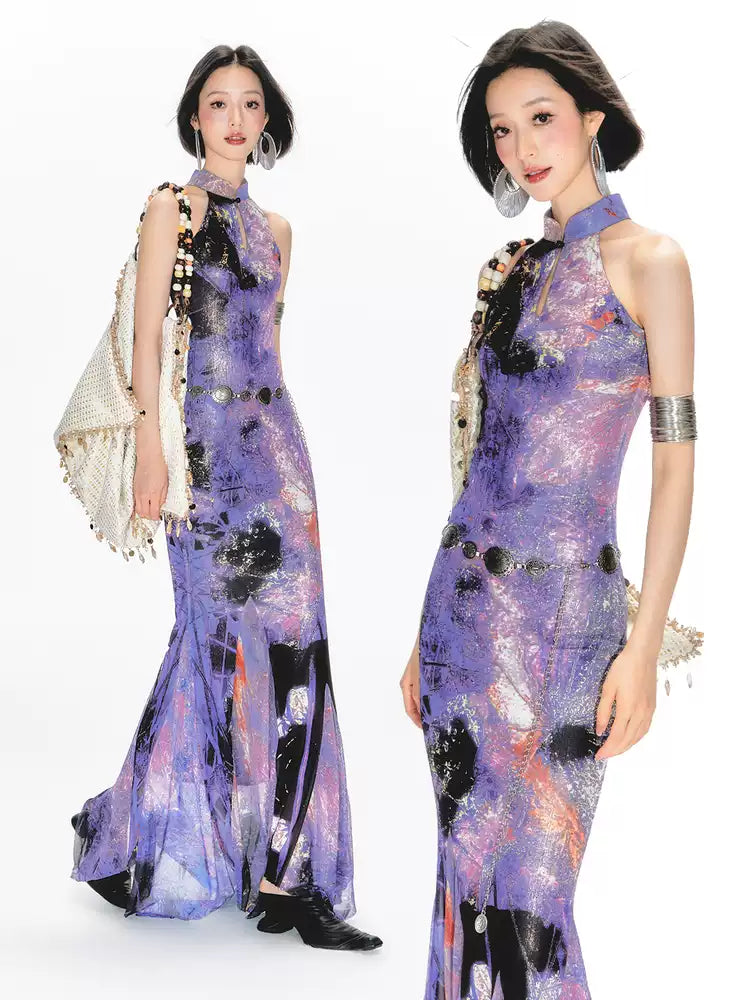 Yang Erdameng Original Chinese Style Purple Printed Sleeveless Halter Collar Cheongsam Dress for Women New Style Stand Collar Long Dress