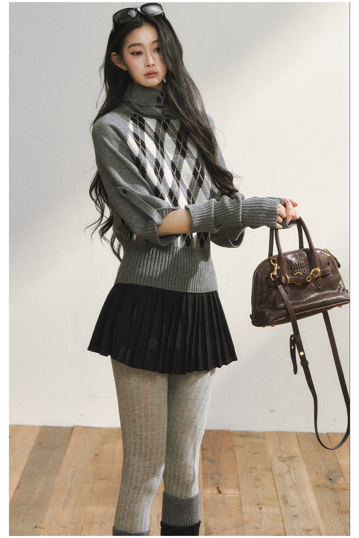 7SHIFTIN Original Design classic diamond pattern half-sleeved knit sweater, student style, slim fit