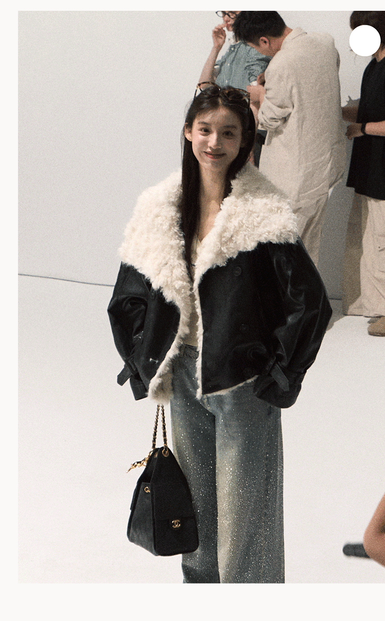 OAKMOO "One Night Osmanthus Tree" Women's Soft Fleece Short Leather Jacket Thick Lapel Winter