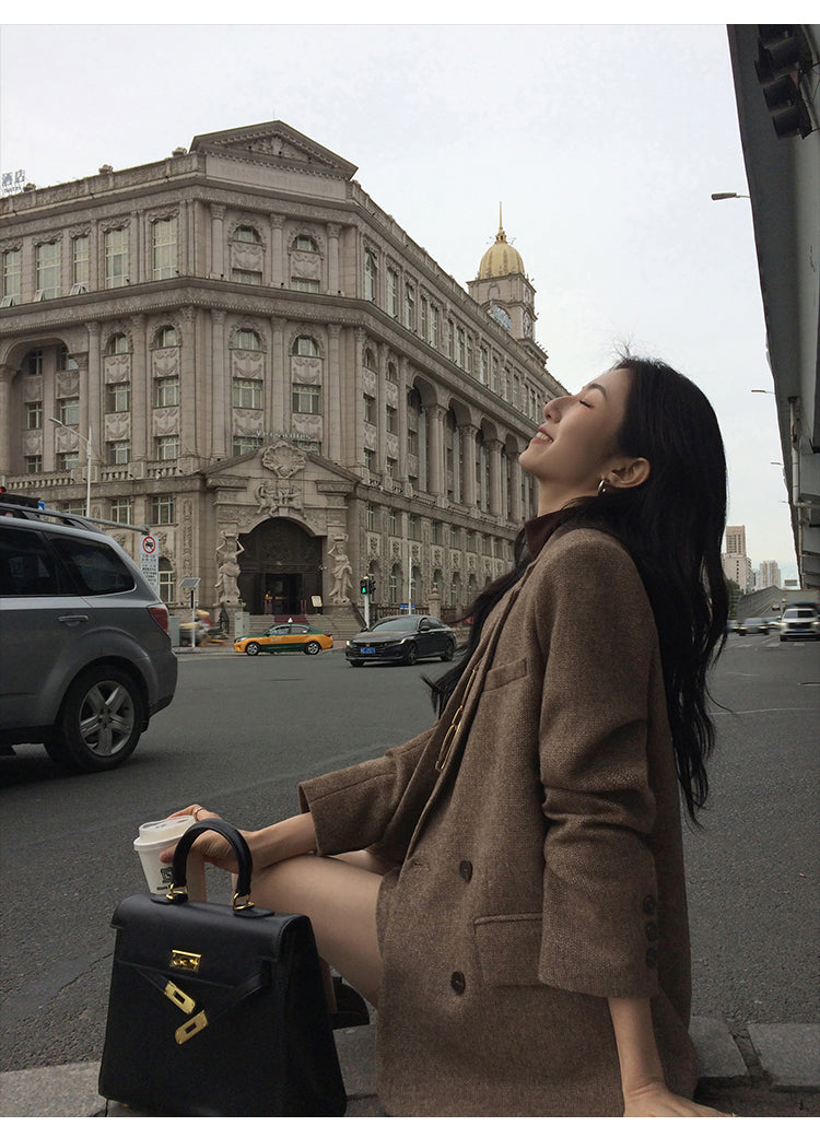 Mulvan classic brown wool tweed vest for women autumn and winter high quality loose fit herringbone pattern