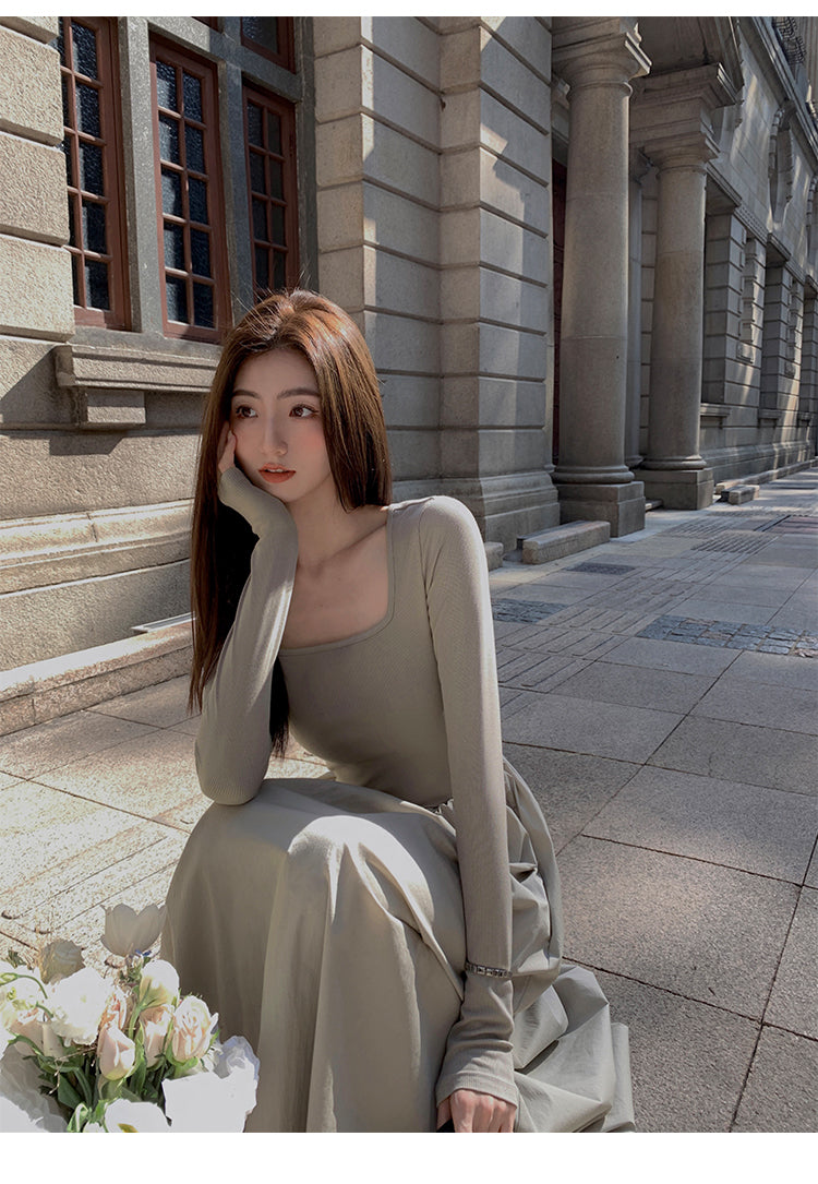 Mulvan High Quality French Style Women's Square Neck Long Sleeve Knit Dress