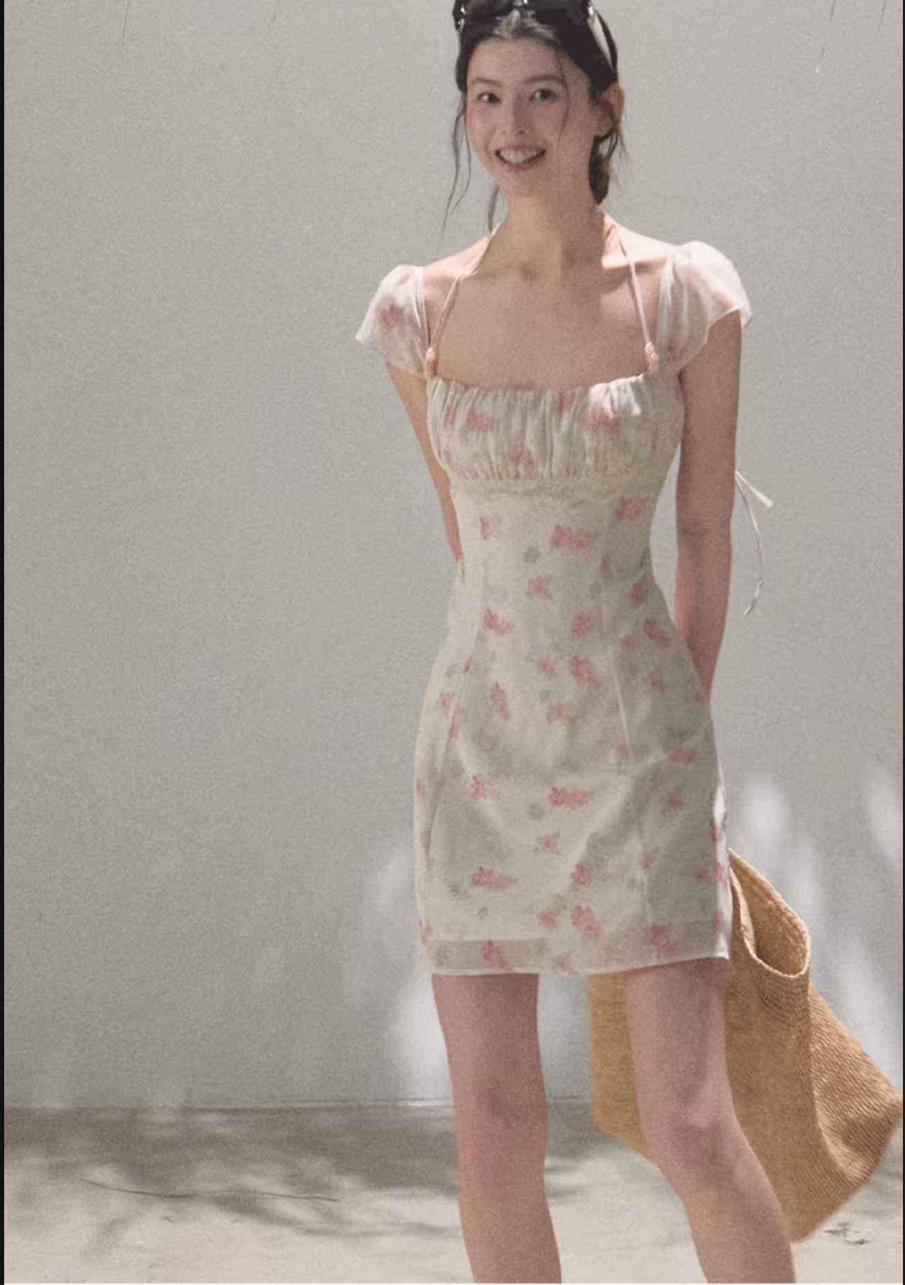 OAKMOO beaded halter-neck dress, fitted waist, unique floral print "My Own Moon"