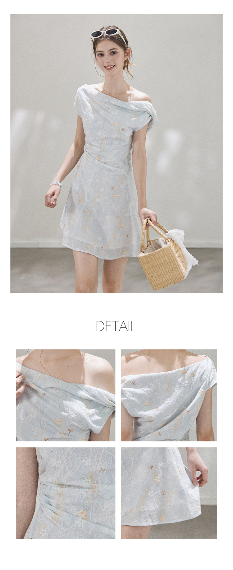 "Star Mist Hazy" Off-shoulder pleated floral print mini dress for women, summer Callmelater