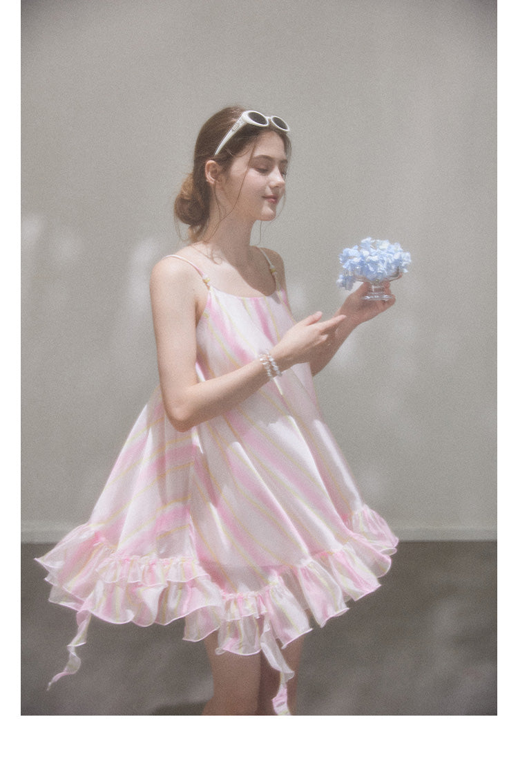 "Liuli Tangyu" Short, ruffled pinafore dress in a resort style, featuring a neon ombre Callmelater design.