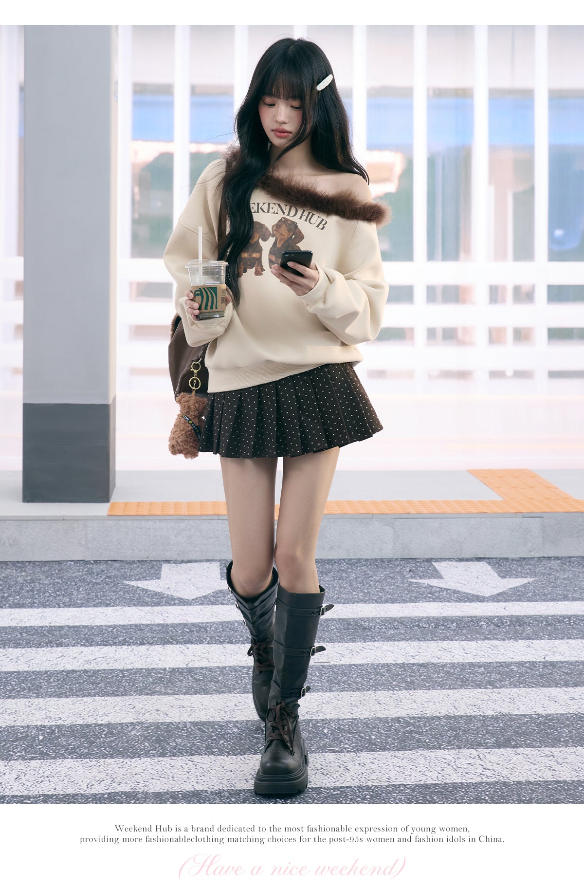 WEEKENDHUB Korean style polka dot pleated skirt contrast back 2025 new autumn small size women's super short skirt