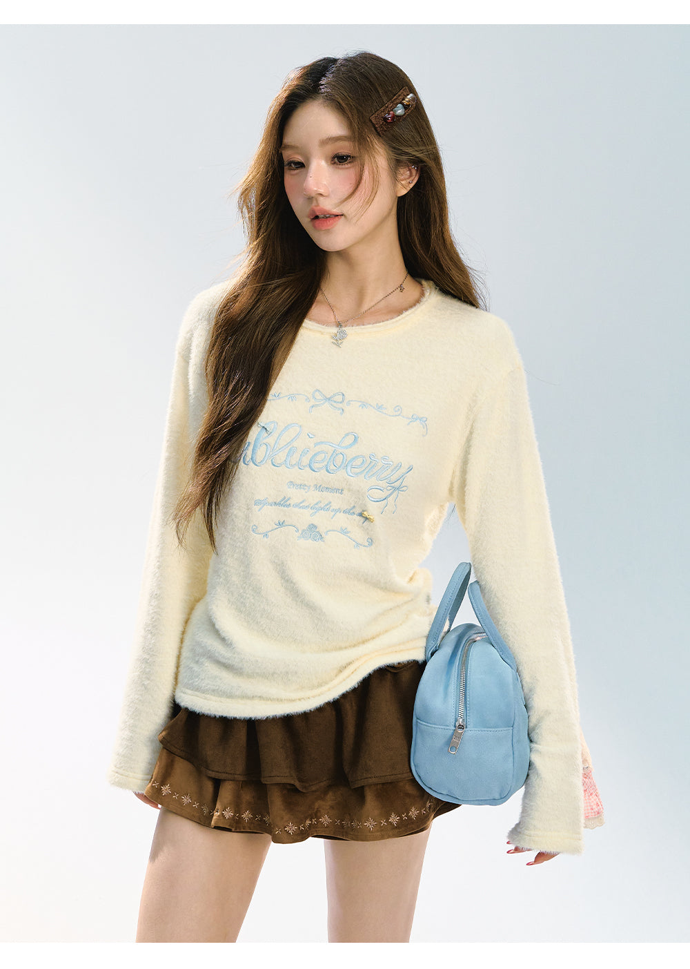 ABLUEBERRY Women's letter embroidered sweater, Autumn Winter, Soft and smooth, Round neck, Loose fit, Cute Korean style
