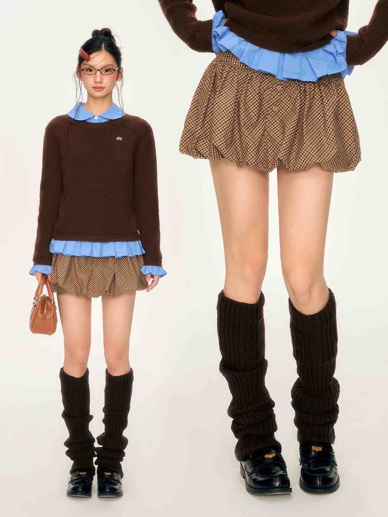 WEEKENDHUB Tulip brown plaid skirt, new design 2025, beautiful A-line skirt for women in fall