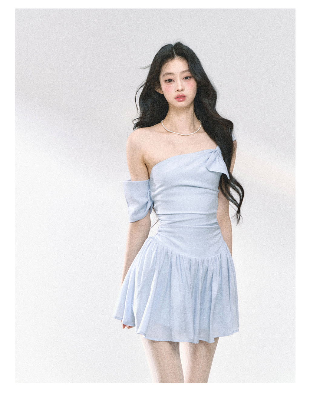 Women's Summer French Style High Quality Off-the-Shoulder Dress with Slim Waist and Short Skirt in Blue Shaoyeyan