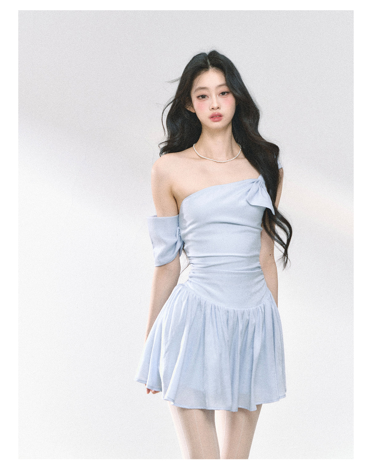 Women's Summer French Style High Quality Off-the-Shoulder Dress with Slim Waist and Short Skirt in Blue Shaoyeyan