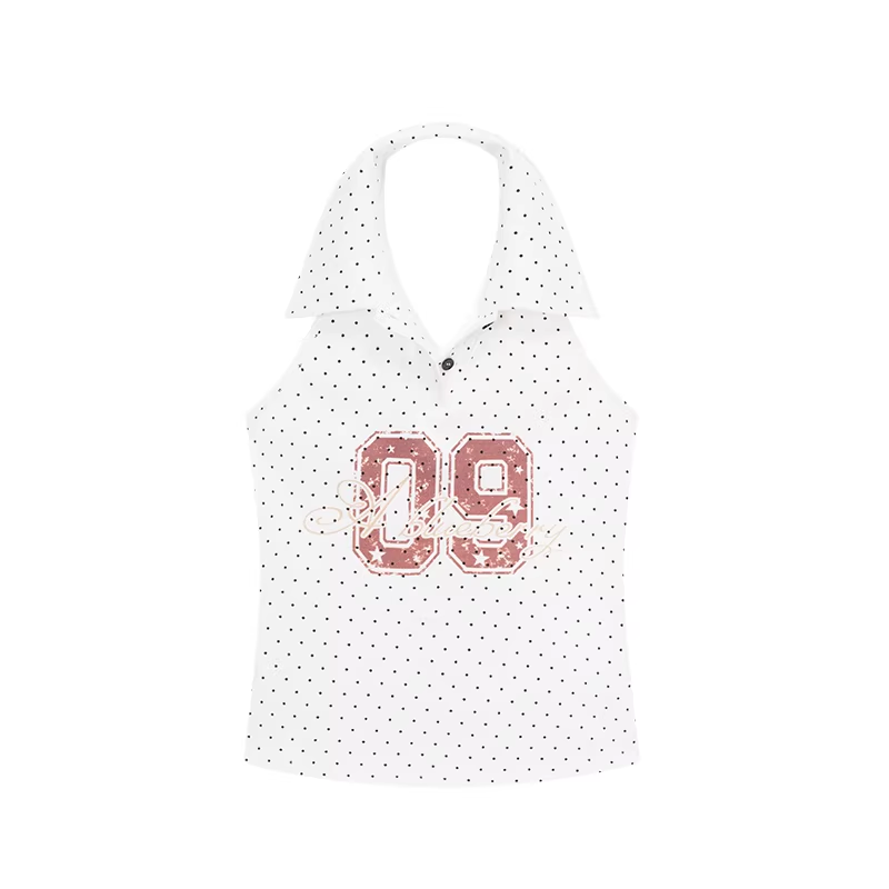 ABLUEBERRY off-shoulder sweatshirt with blueberry print, similar to Pei Jiaxin's style, and a polka dot sporty tank top for women, Spring/Summer 2026 collection.