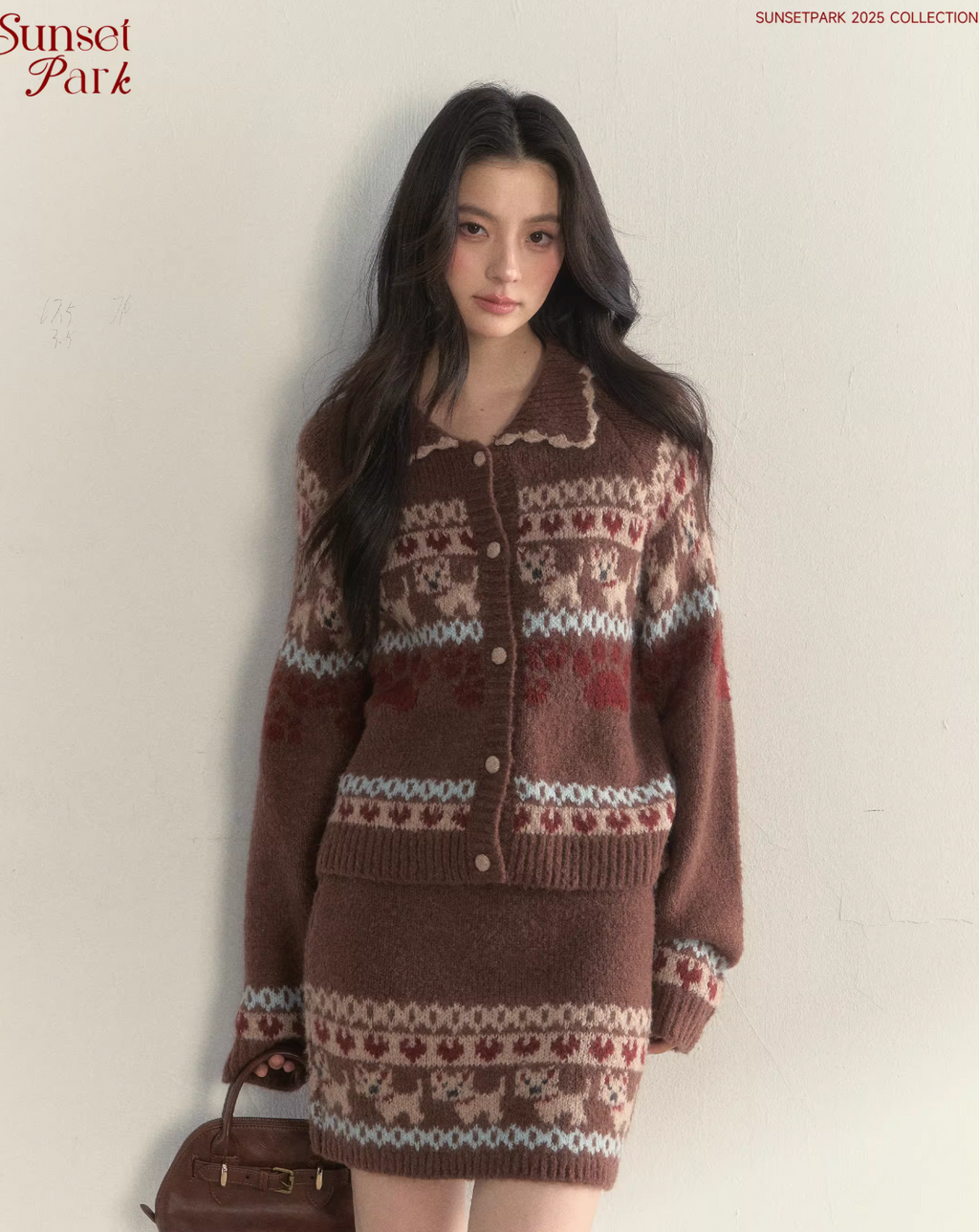 SUNSETPARK "Fair Isle Dog" retro dark gray knitted cardigan and skirt by SunsetPark, suitable for spring.