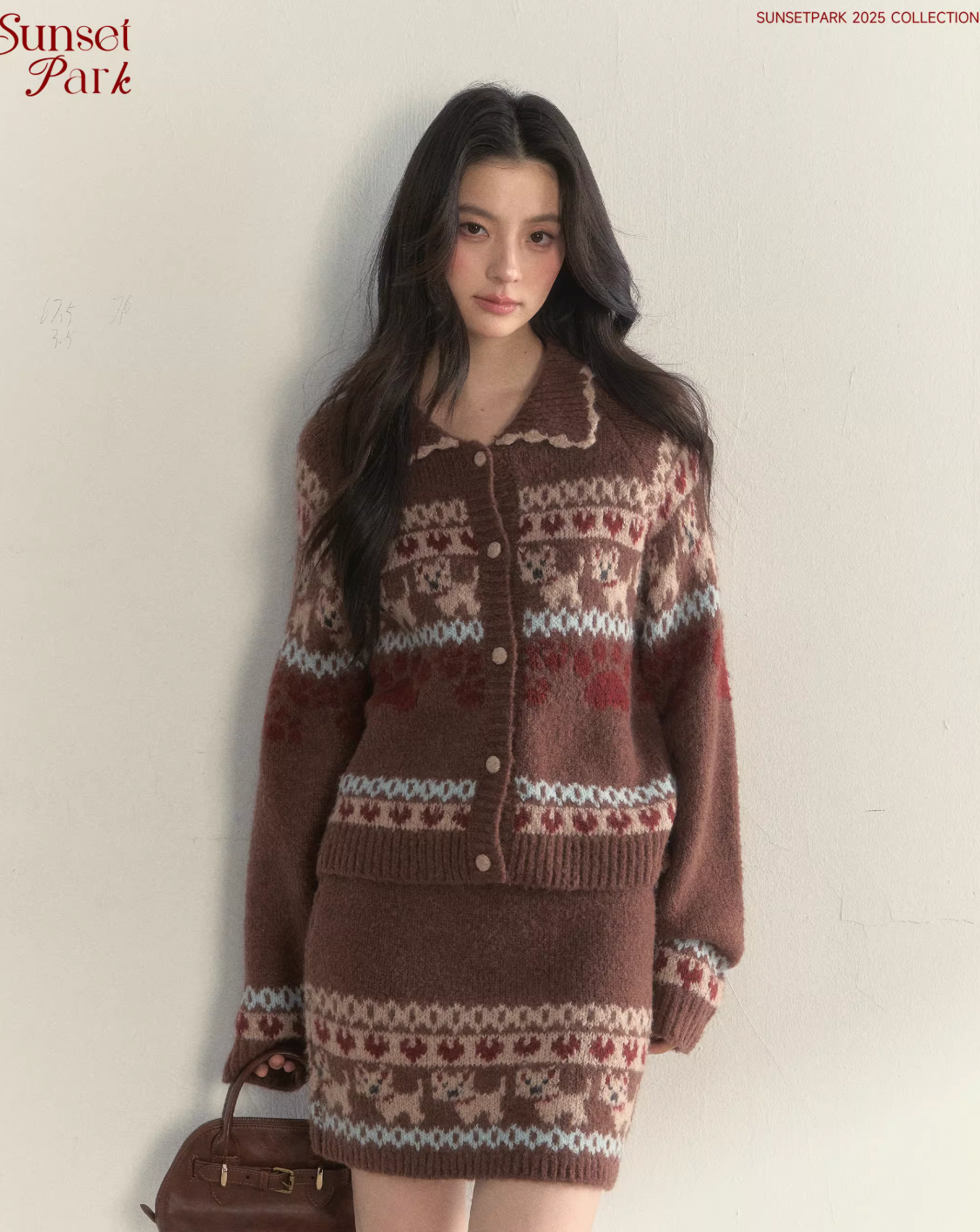 SUNSETPARK "Fair Isle Dog" retro dark gray knitted cardigan and skirt by SunsetPark, suitable for spring.