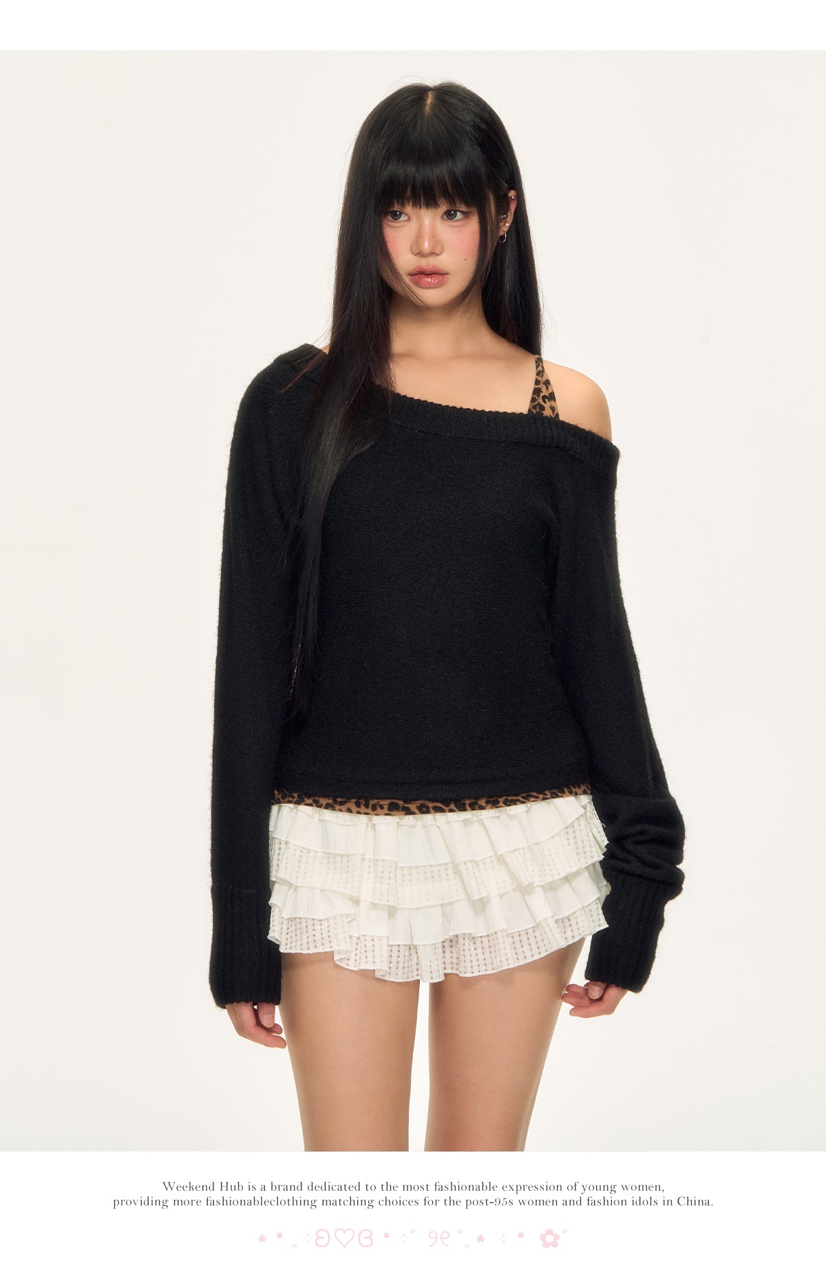 WEEKENDHUB Women's One Shoulder Strapless Long Sleeve Leopard Print Two-Piece Knit Sweater Soft and Warm Autumn