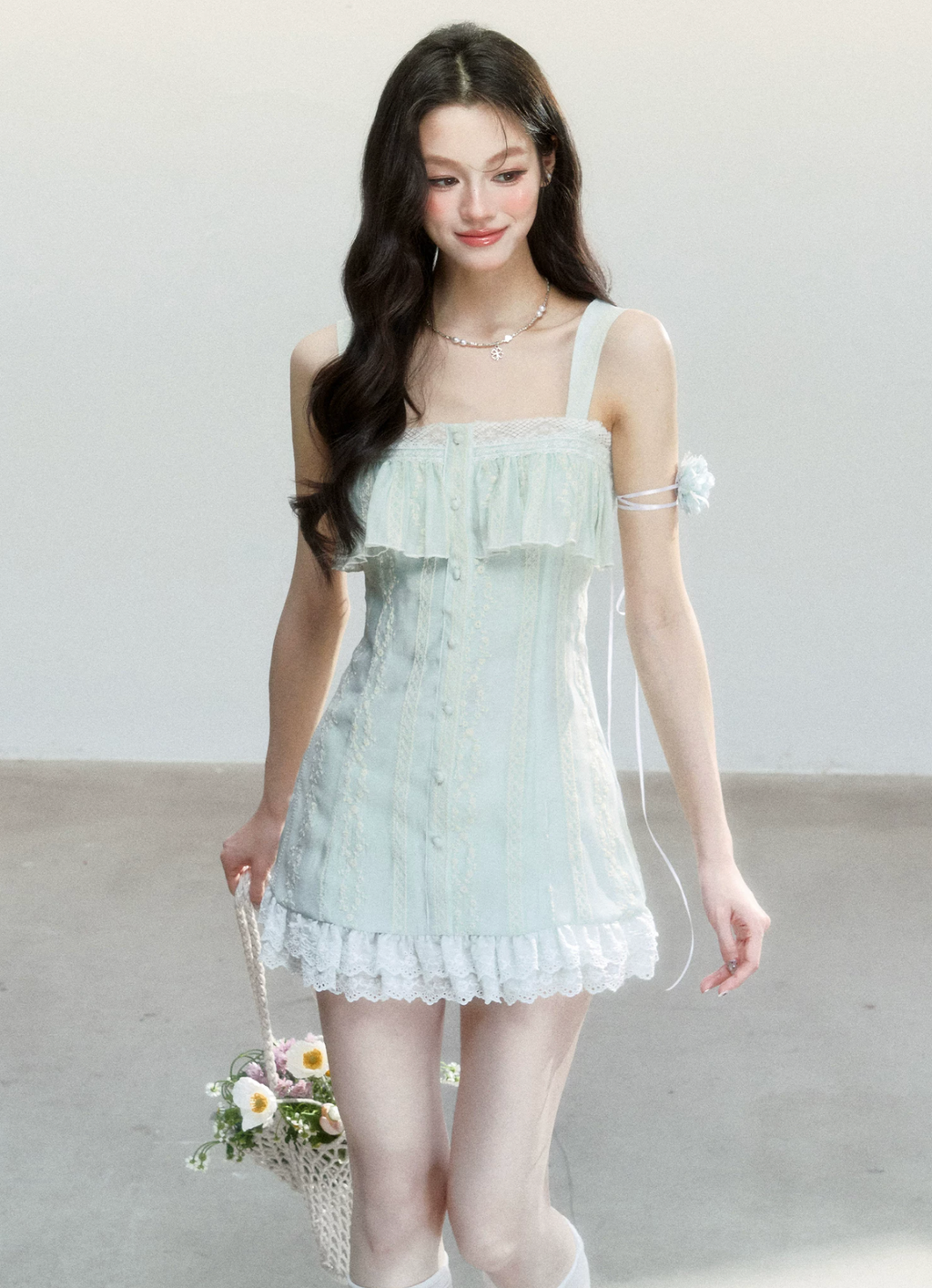 Fragile Heart Korean-style embroidered hollow out dress in white tea color for spring