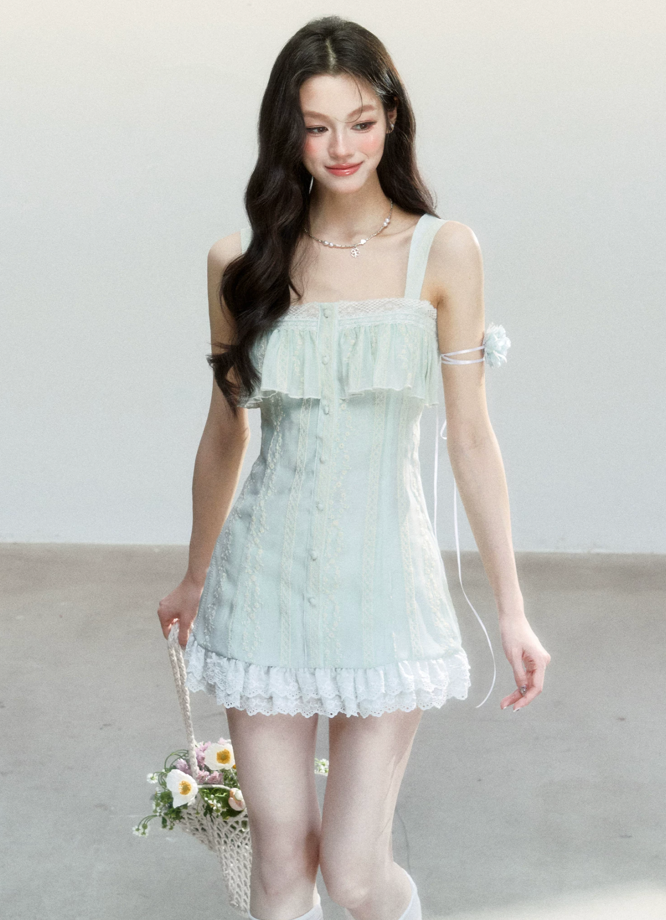 Fragile Heart Korean-style embroidered hollow out dress in white tea color for spring