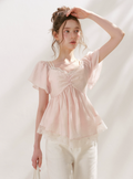 KROCHE French lace "Tencel Acetate" shirt with V-neck, short sleeves, comfortable A-line waist