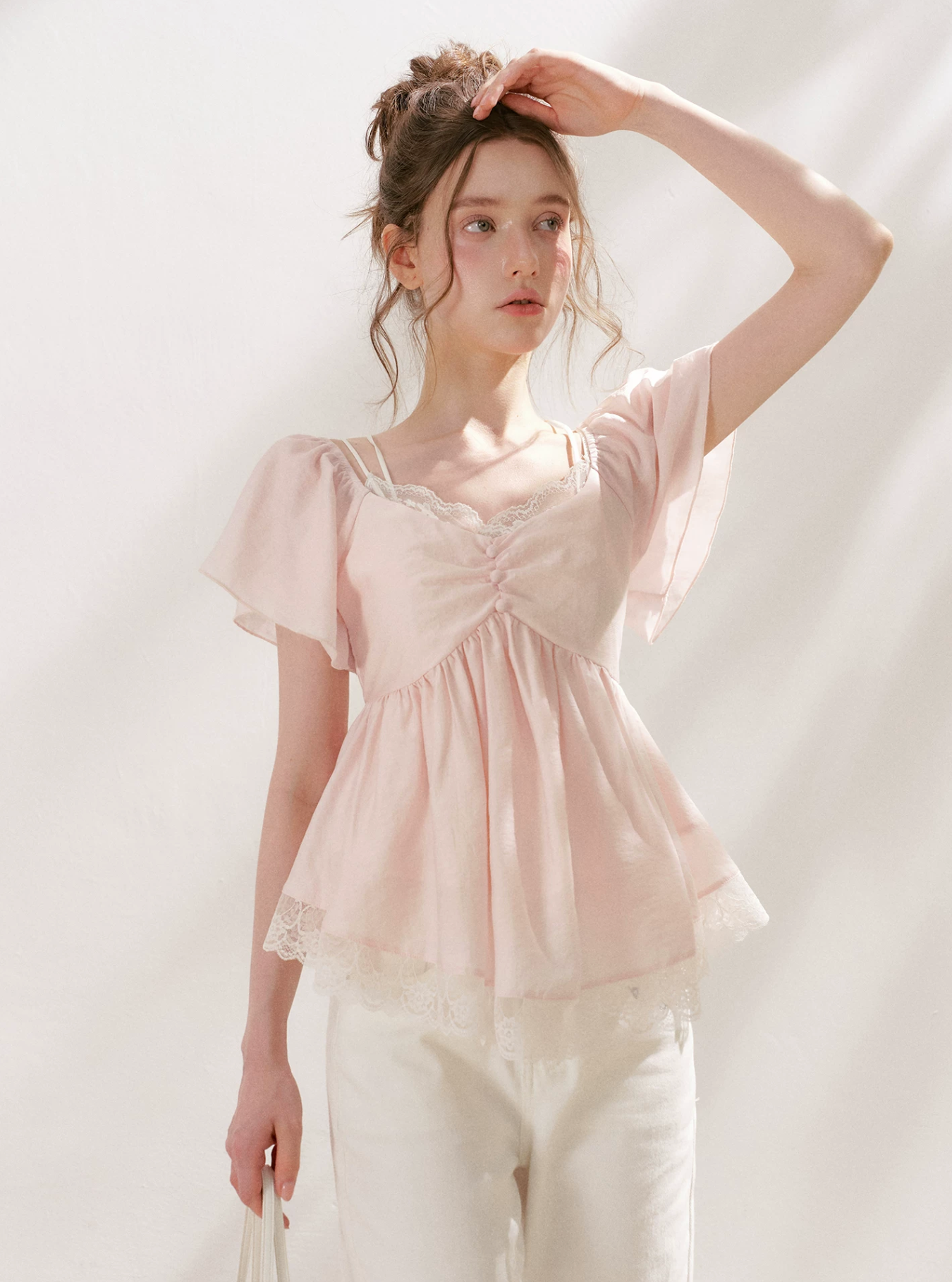 KROCHE French lace "Tencel Acetate" shirt with V-neck, short sleeves, comfortable A-line waist