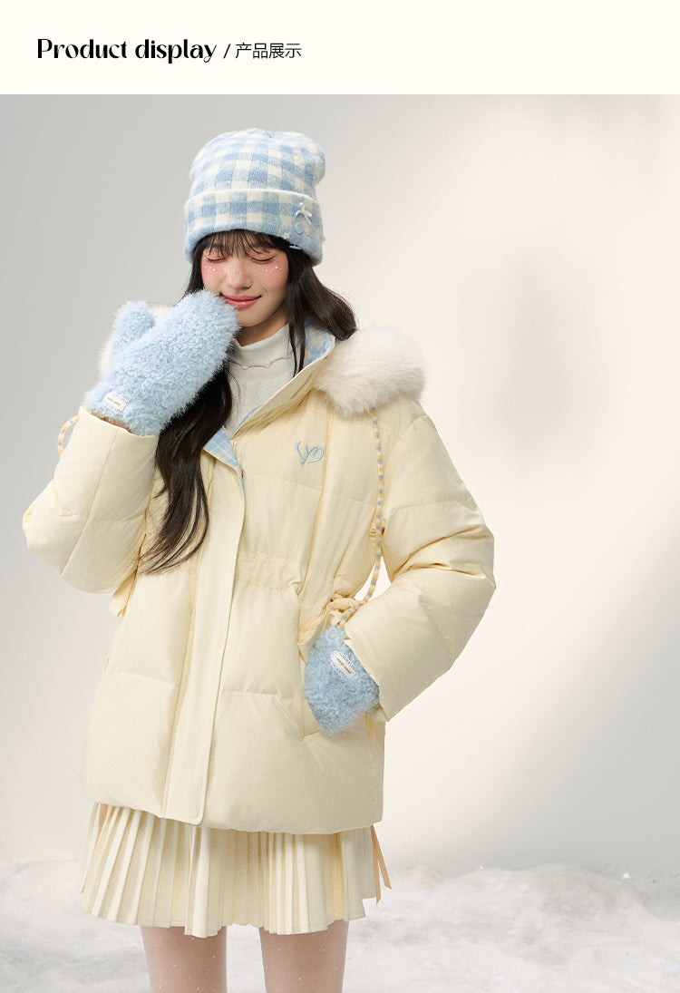 UMOUMO [90% White Duck Down] Mushroom Sweet Waist Slimming Two-Way Placowork Patchwork Down Jacket with Hood and Detachable Fur Collar