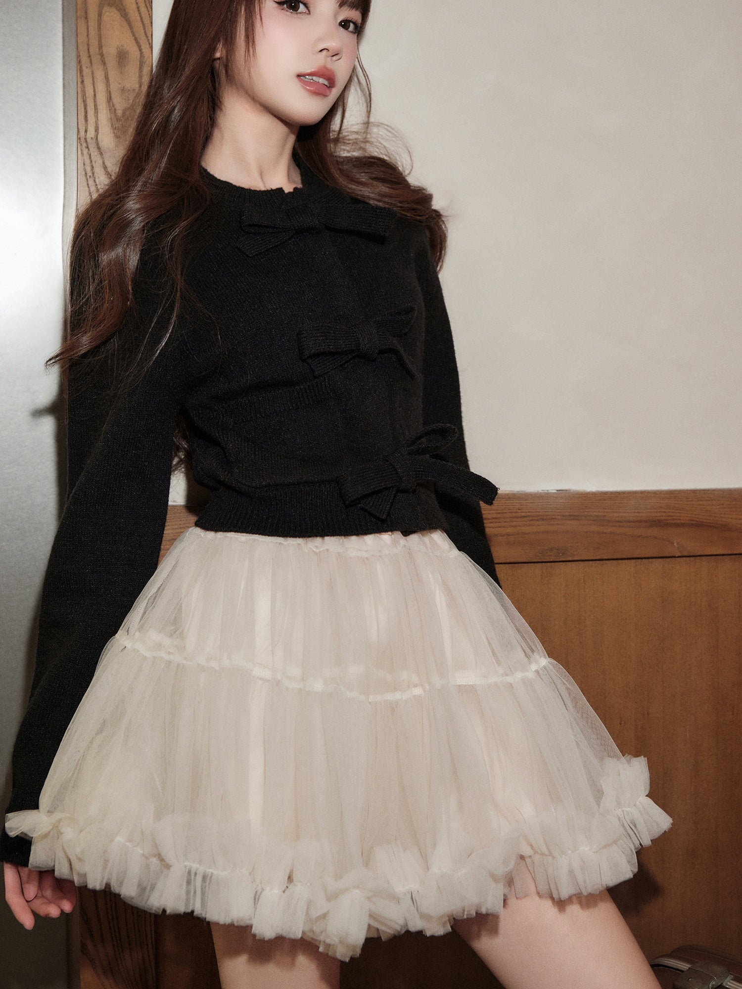 Avenement warm high quality Korean style long sleeve bow tie cardigan for women