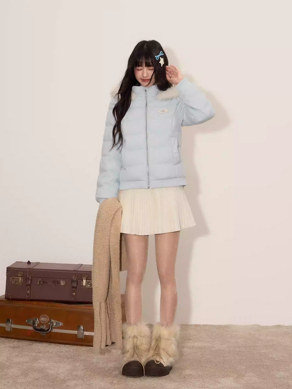 UMOUMO [90% white duck down] Soft and versatile Mushroom down jacket, cable knitted, multi-piece combination, hood, fur collar, slim waist.