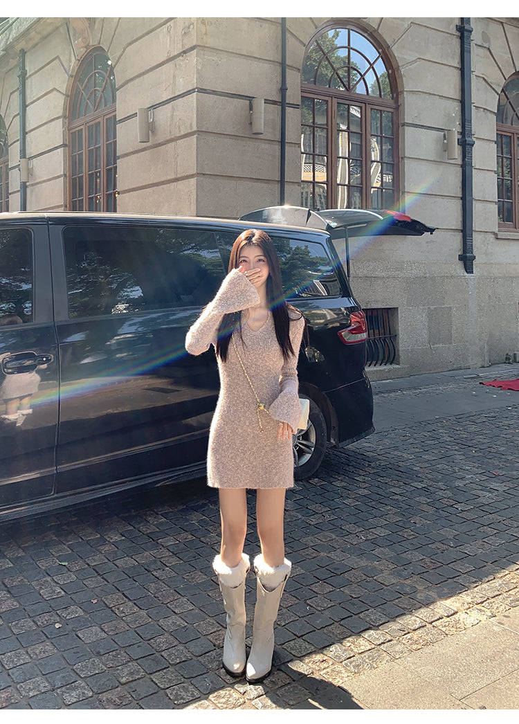 MULVAN MULVAN Women's Sexy V-Neck Sweater Dress, Fall/Winter, Slim Fit, Waistband, Bodycon Mini Skirt