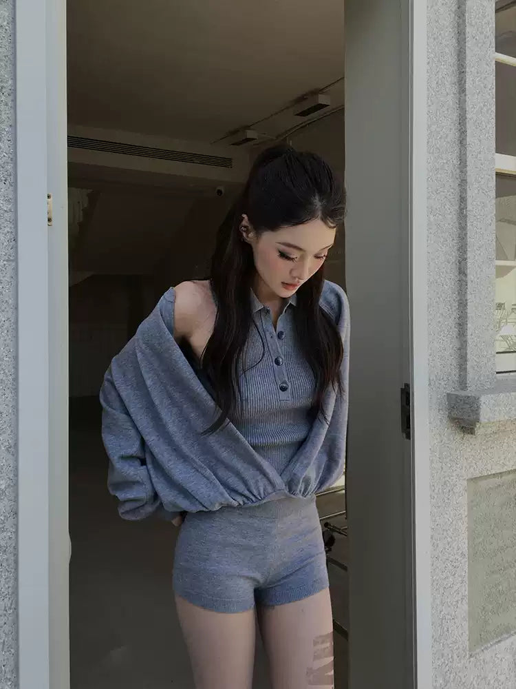 Off-shoulder sweater set + HYTEMOLY shorts