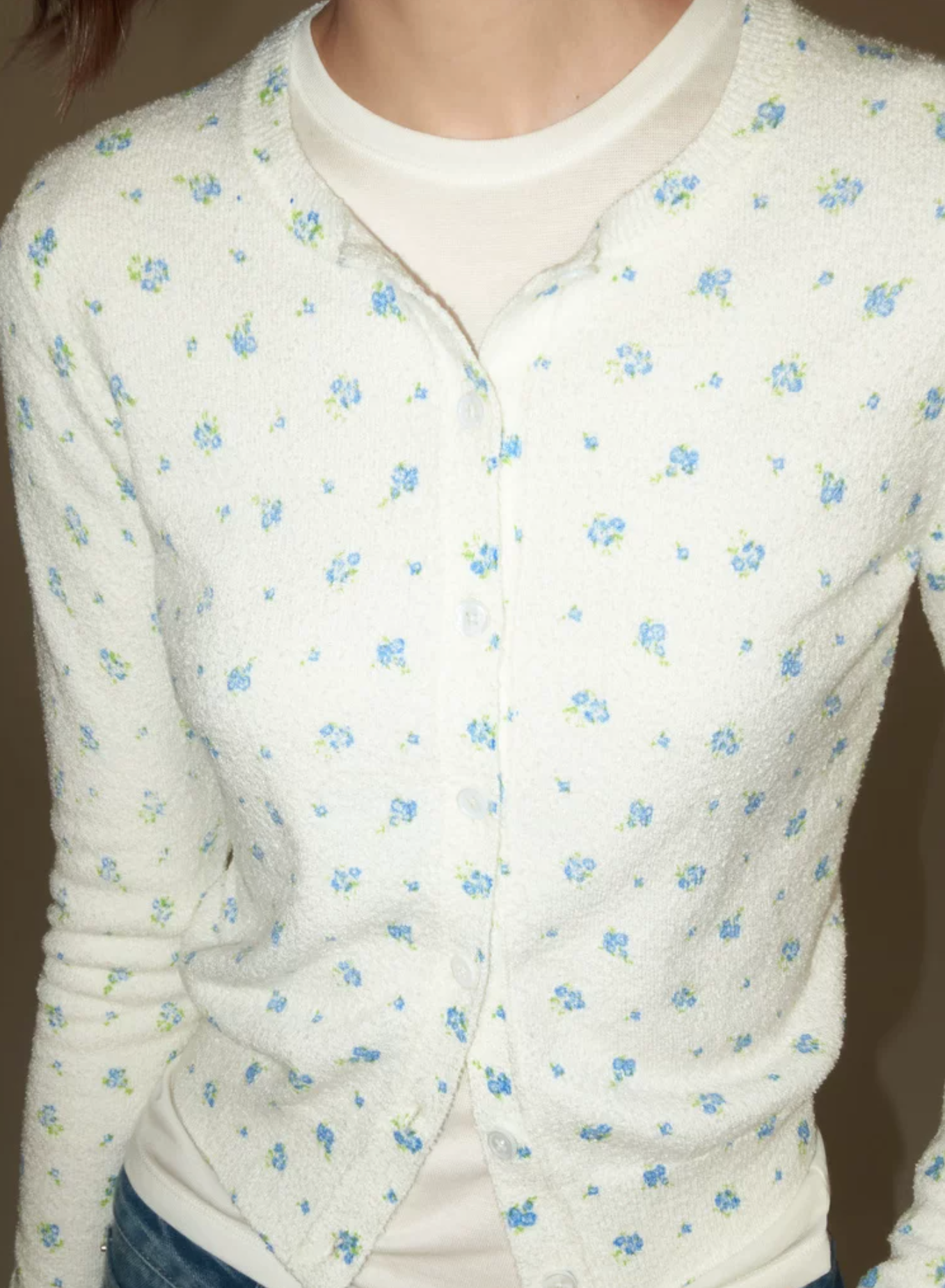 PUKI PUKI cardigan with floral pattern, slim chiffon shoulders and round neck