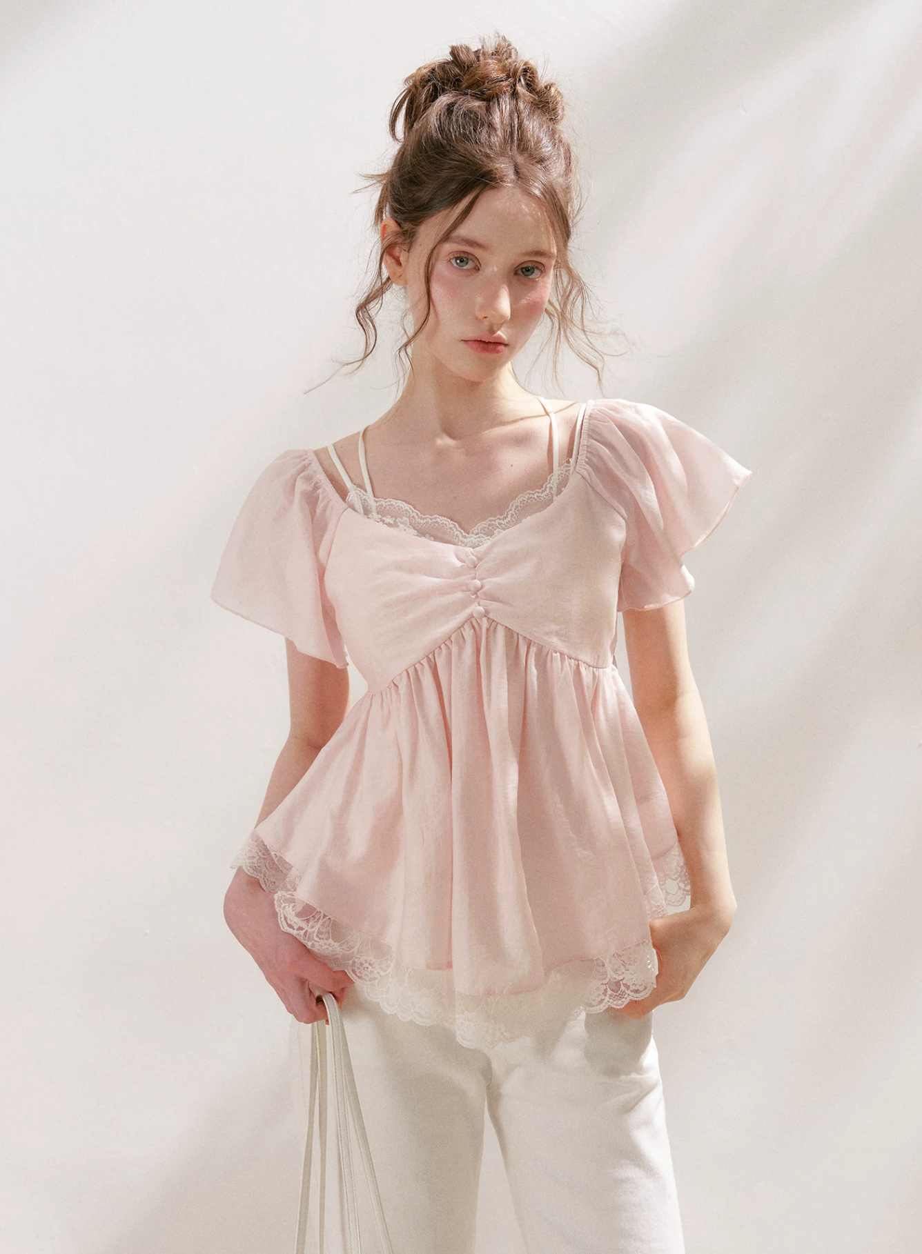 KROCHE French lace "Tencel Acetate" shirt with V-neck, short sleeves, comfortable A-line waist