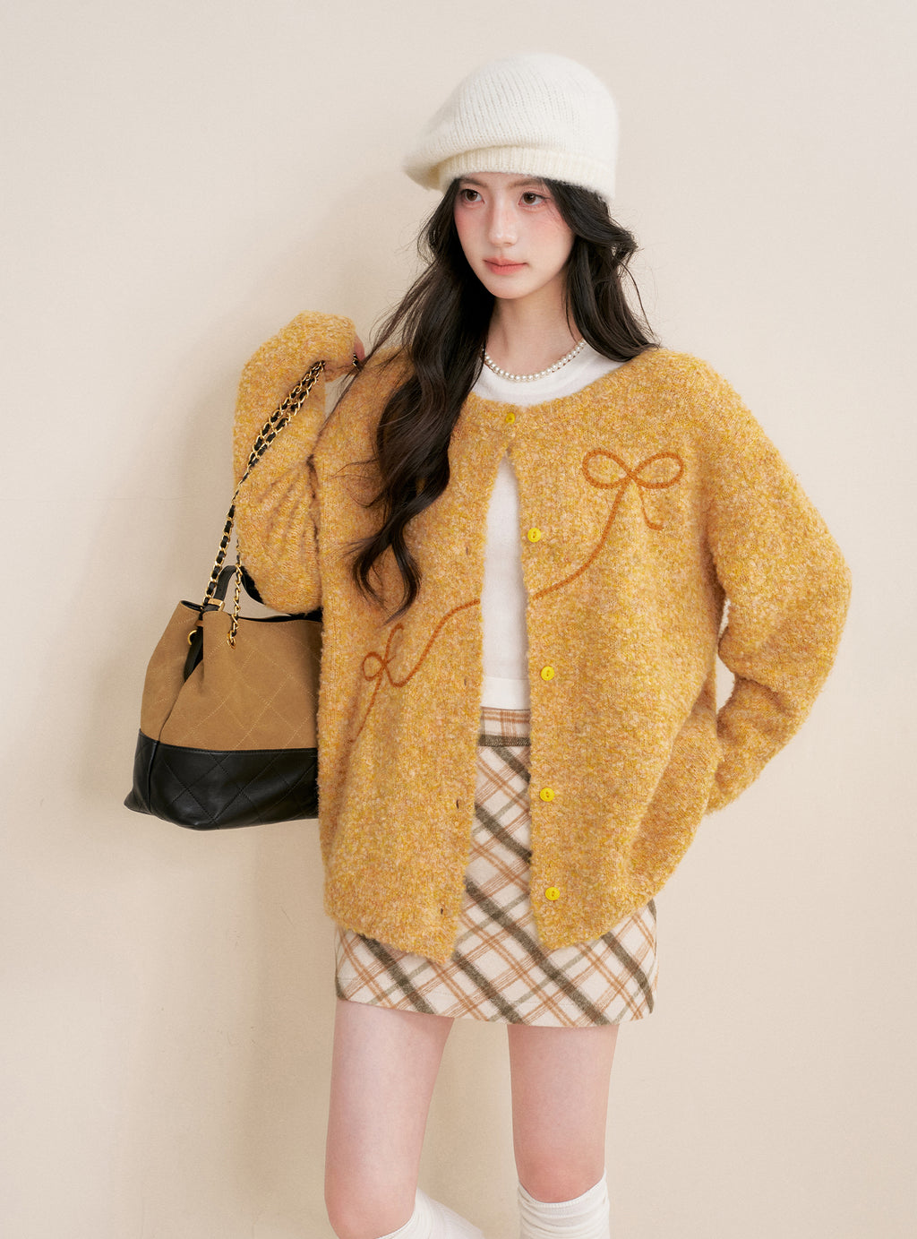 KROCHE Sunset Fluffy 25aw Thick Floral Bow Embroidered Cardigan