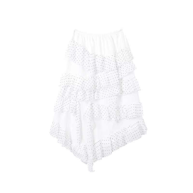 ABLUEBERRY polka dot tiered midi skirt in blueberry blue, asymmetrical design by Liu Dingtu, Spring 2026, hot shorts for girls.