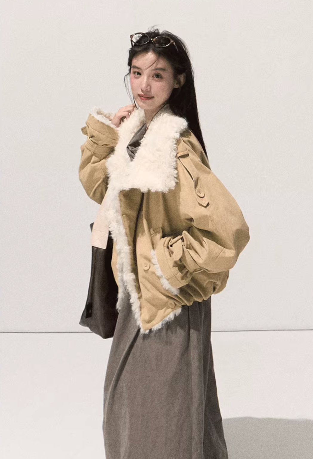 OAKMOO OAKMOO Short Fleece Leather Jacket / "A Night Under the Osmanthus Tree" for Women, Thick Lapel Collar Parka for Winter