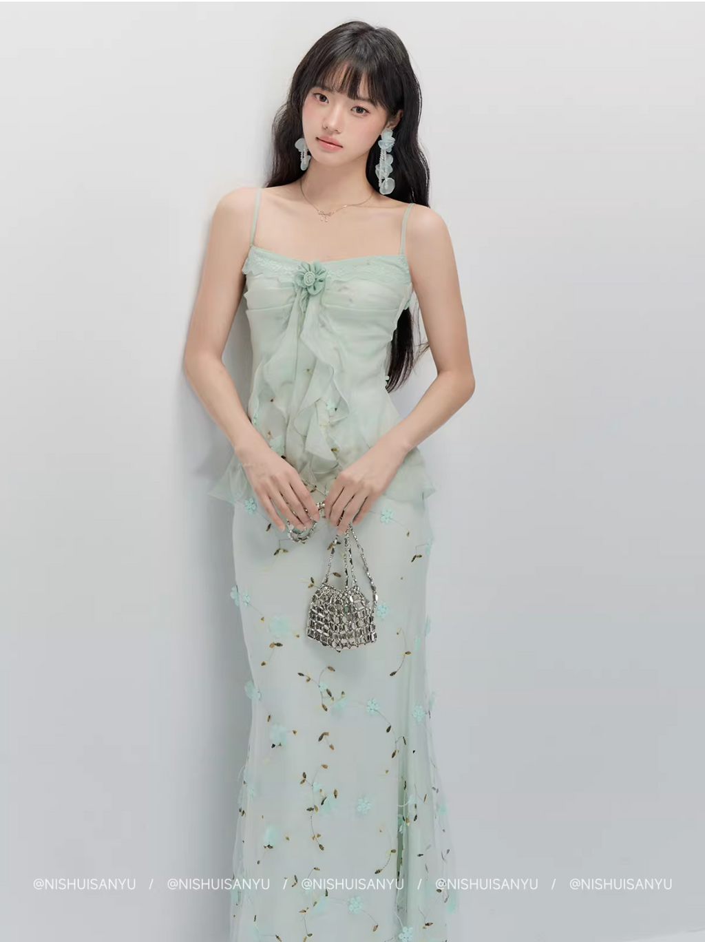 NSSY NSSY two-piece long dress with three drowned fish pattern, green, chiffon material, 3D floral pattern